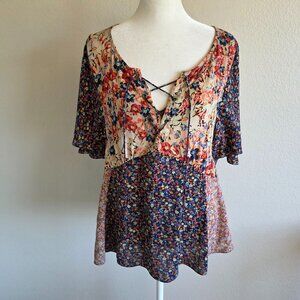 Anthropologie HD In Paris Faithe Floral Short Sleeve Blouse Shoelace Tie Size 8